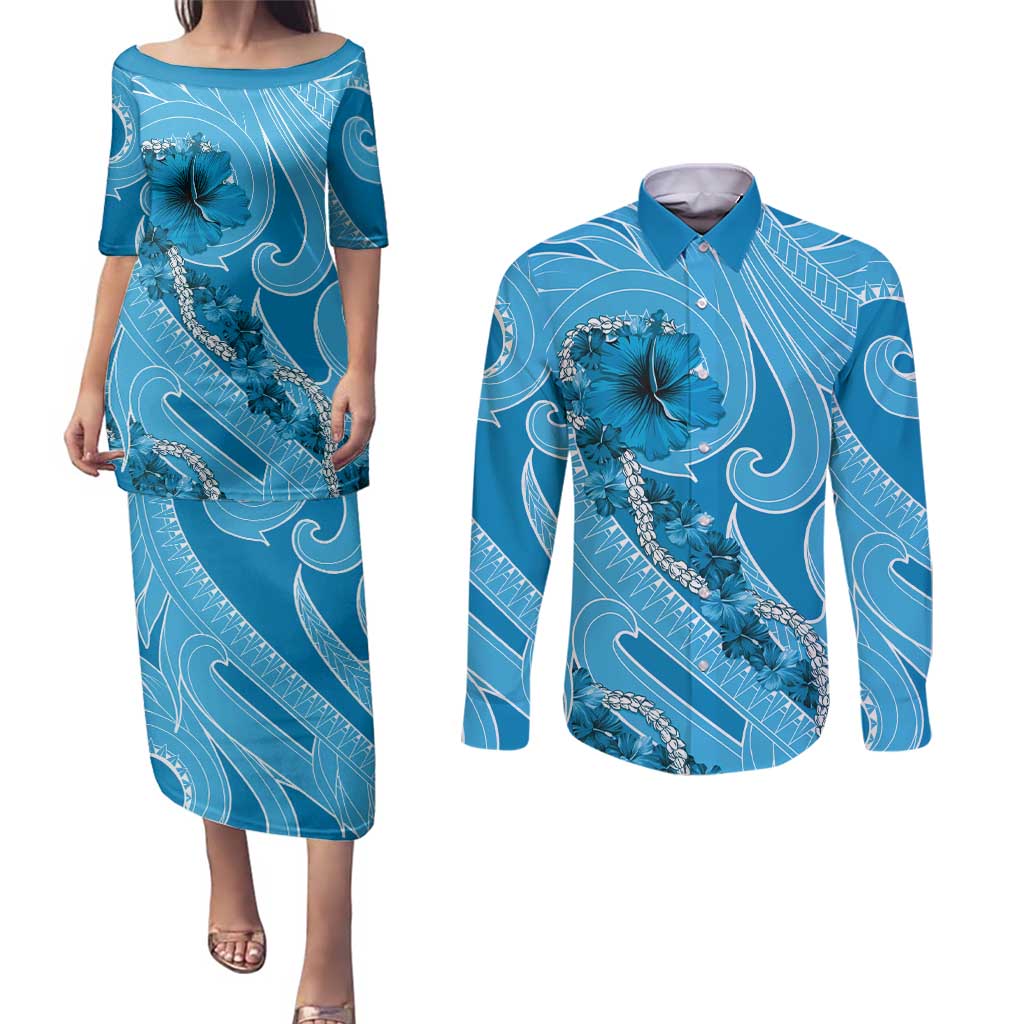 Hawaii Blue Hibiscus Pikake Lei Couples Matching Puletasi and Long Sleeve Button Shirt - Polynesian Pride