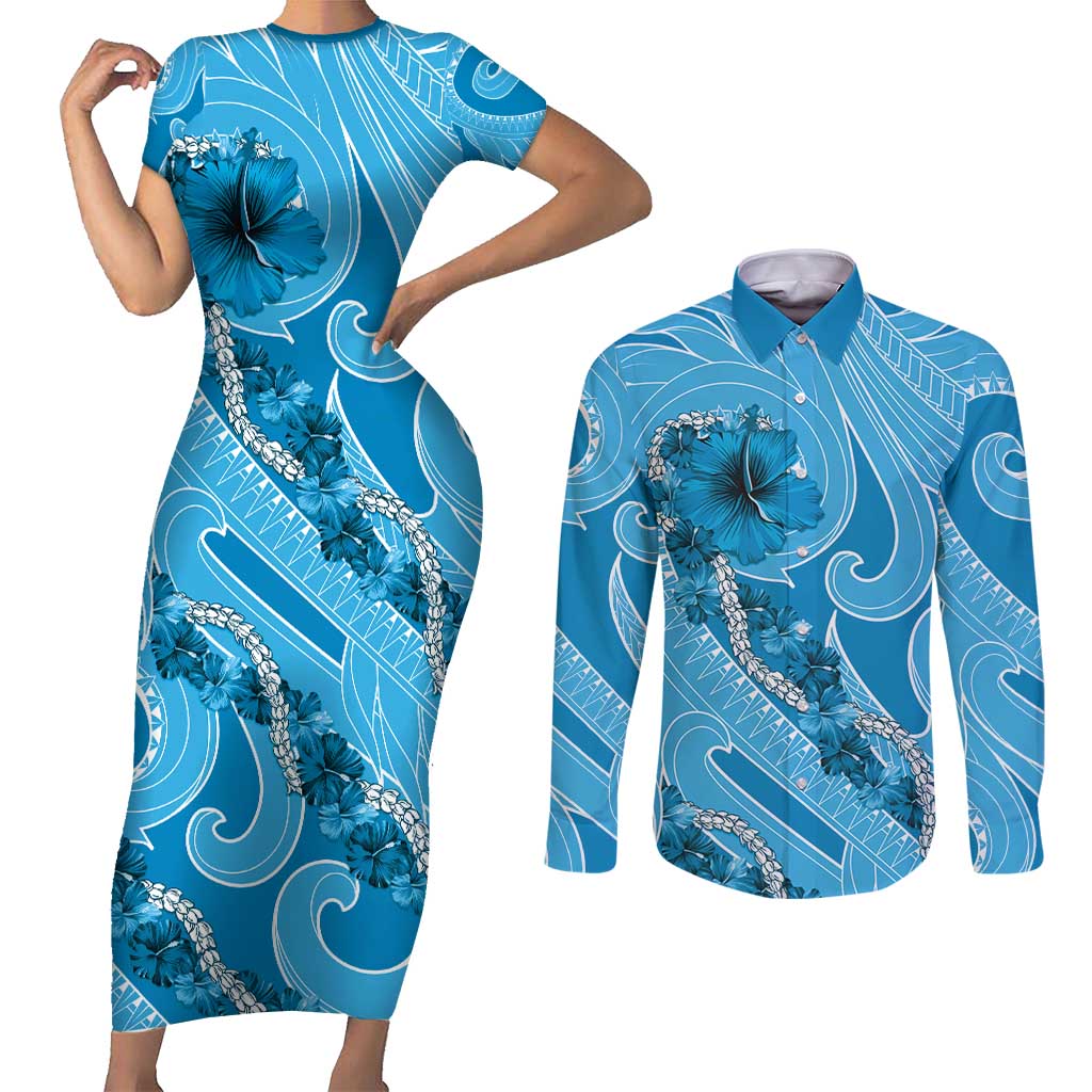 Hawaii Blue Hibiscus Pikake Lei Couples Matching Short Sleeve Bodycon Dress and Long Sleeve Button Shirt - Polynesian Pride