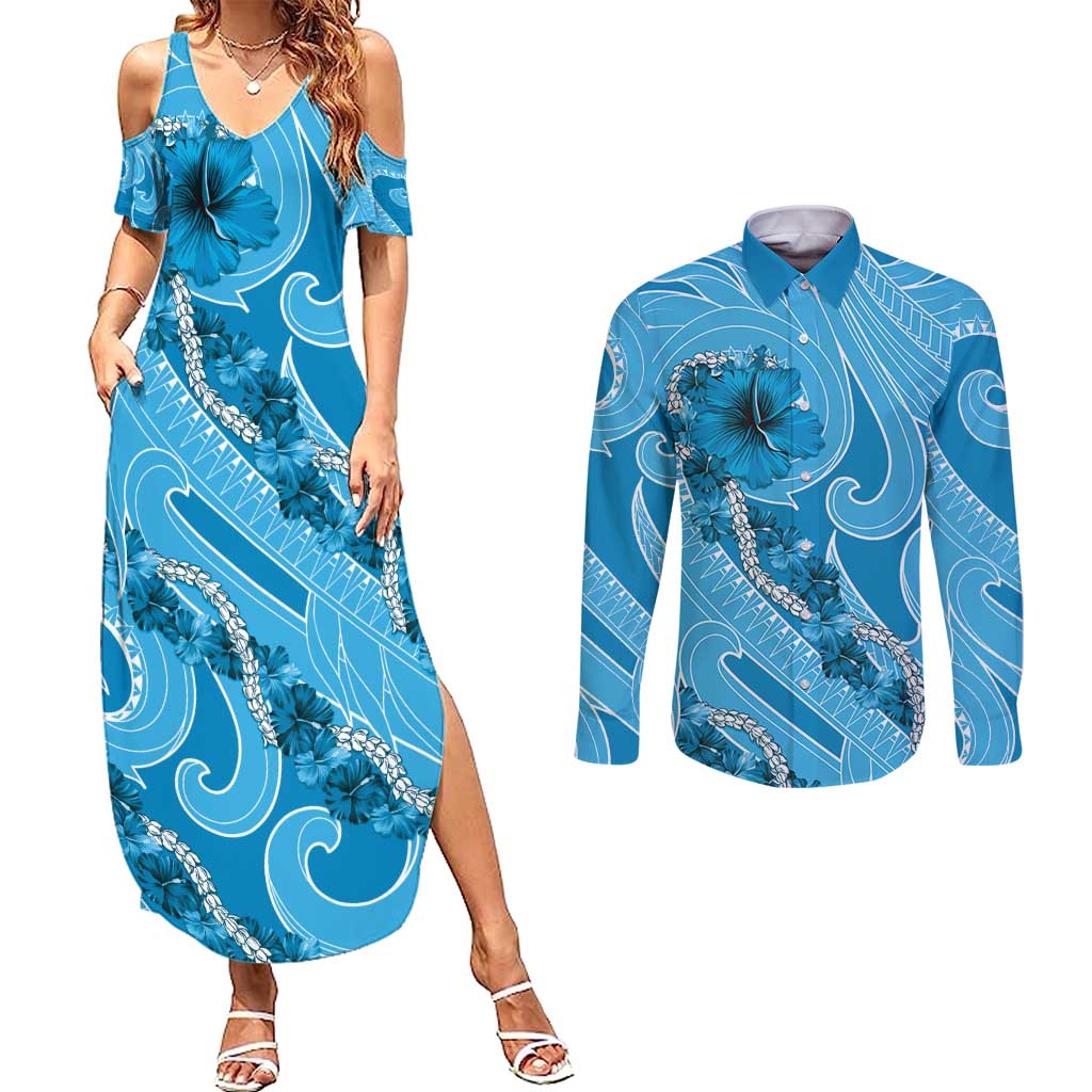 Hawaii Blue Hibiscus Pikake Lei Couples Matching Summer Maxi Dress and Long Sleeve Button Shirt - Polynesian Pride
