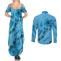 Hawaii Blue Hibiscus Pikake Lei Couples Matching Summer Maxi Dress and Long Sleeve Button Shirt - Polynesian Pride