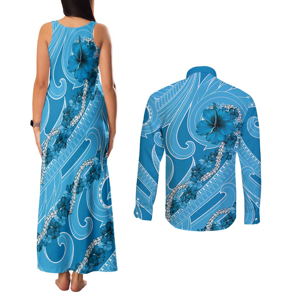 Hawaii Blue Hibiscus Pikake Lei Couples Matching Tank Maxi Dress and Long Sleeve Button Shirt - Polynesian Pride