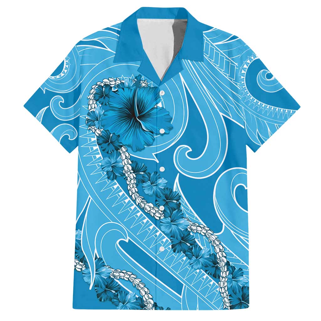 Hawaii Blue Hibiscus Pikake Lei Family Matching Long Sleeve Bodycon Dress and Hawaiian Shirt LT05 Dad's Shirt - Short Sleeve Blue - Polynesian Pride