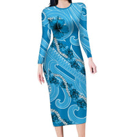 Hawaii Blue Hibiscus Pikake Lei Family Matching Long Sleeve Bodycon Dress and Hawaiian Shirt LT05 Mom's Dress Blue - Polynesian Pride