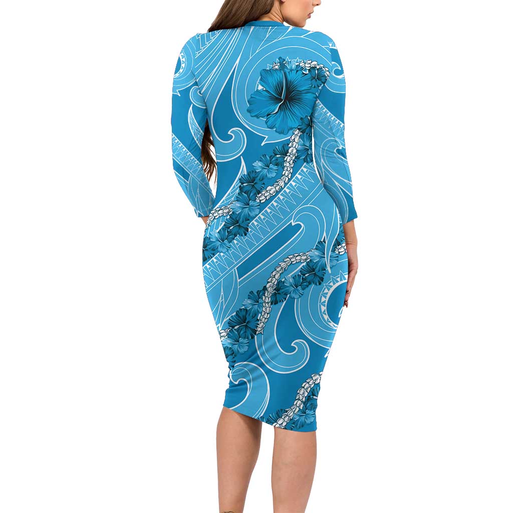 Hawaii Blue Hibiscus Pikake Lei Family Matching Long Sleeve Bodycon Dress and Hawaiian Shirt LT05 - Polynesian Pride