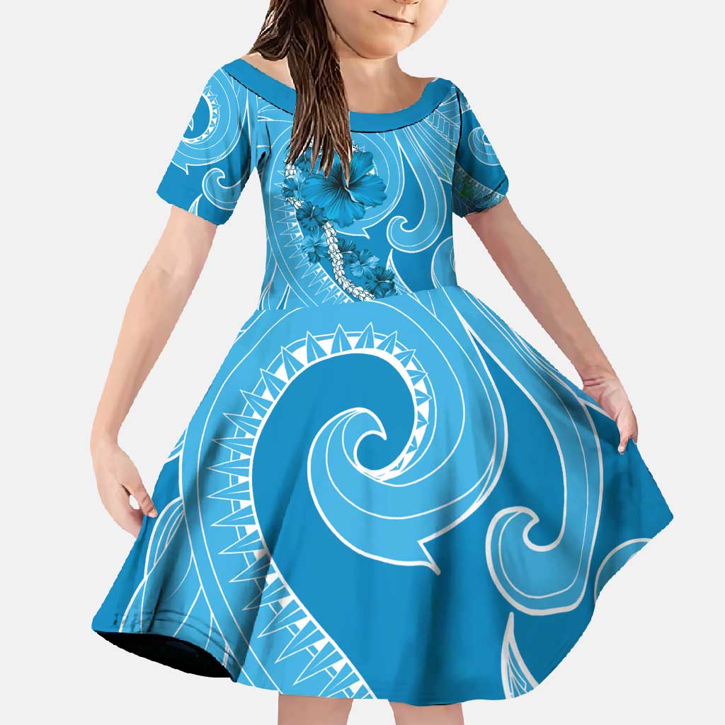 Hawaii Blue Hibiscus Pikake Lei Family Matching Mermaid Dress and Hawaiian Shirt LT05 Daughter's Dress Blue - Polynesian Pride