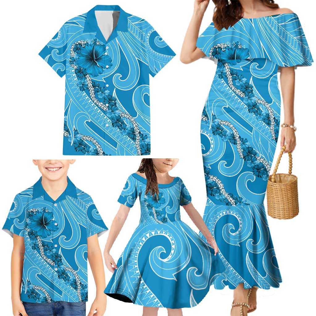 Hawaii Blue Hibiscus Pikake Lei Family Matching Mermaid Dress and Hawaiian Shirt LT05 - Polynesian Pride