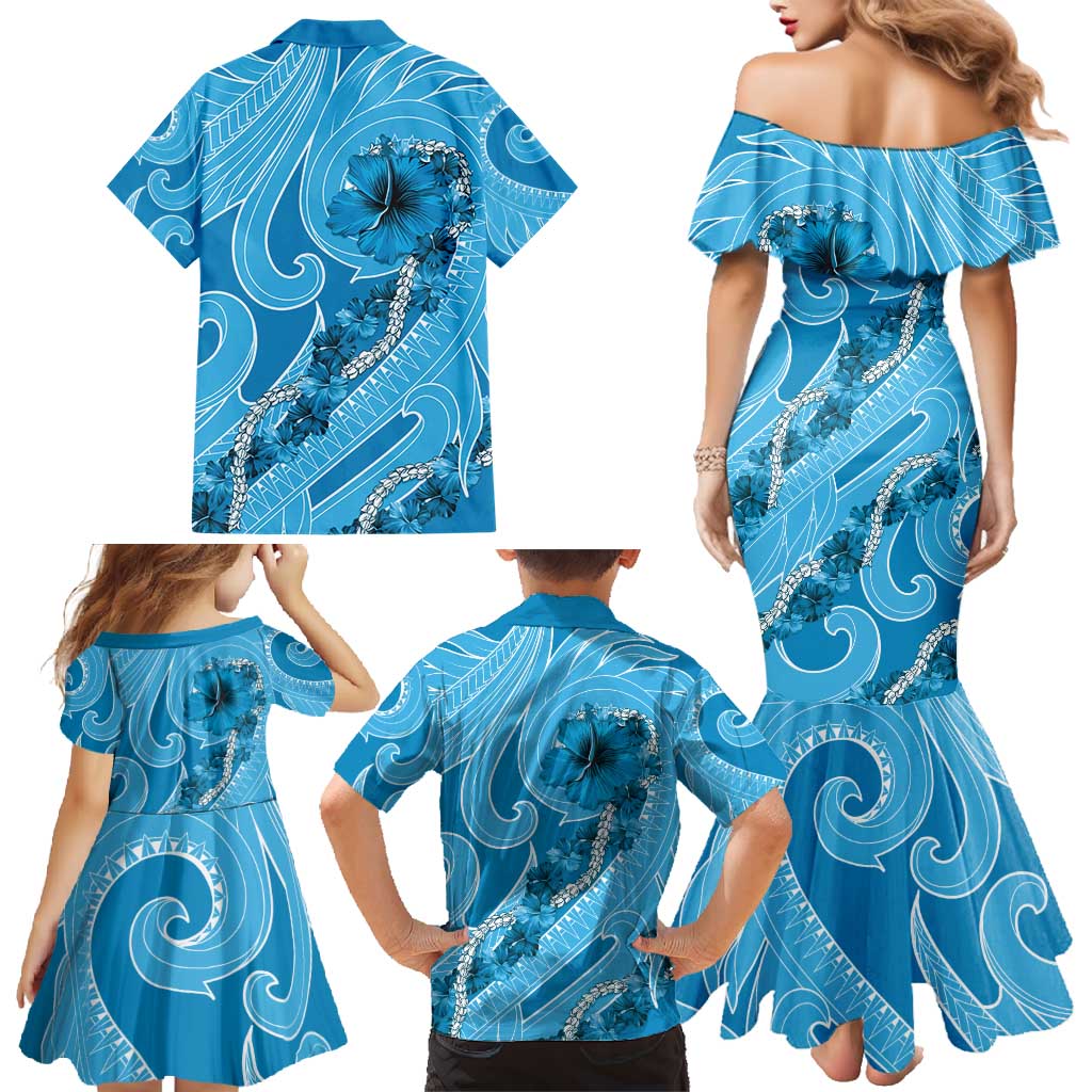 Hawaii Blue Hibiscus Pikake Lei Family Matching Mermaid Dress and Hawaiian Shirt LT05 - Polynesian Pride