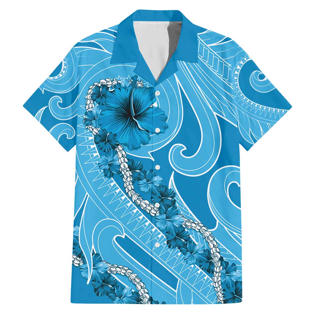Hawaii Blue Hibiscus Pikake Lei Family Matching Mermaid Dress and Hawaiian Shirt LT05 Dad's Shirt - Short Sleeve Blue - Polynesian Pride