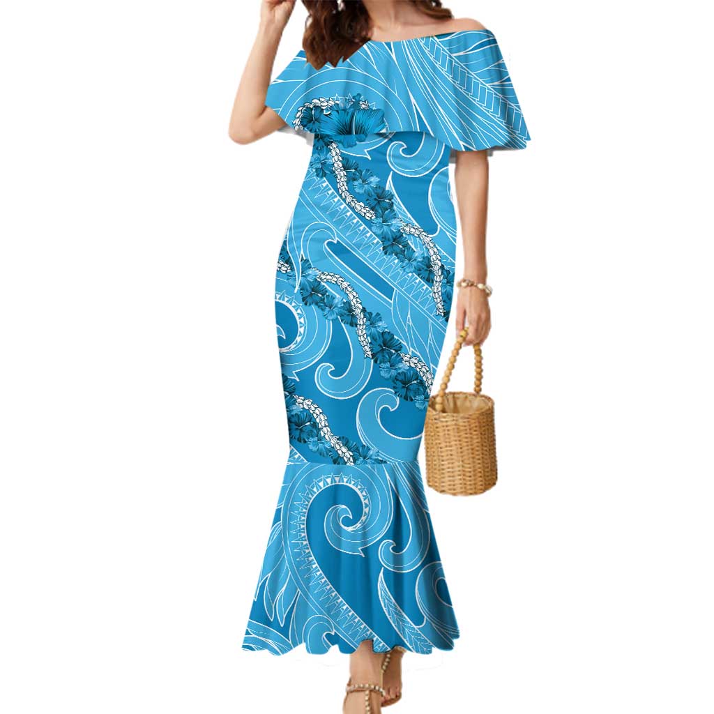 Hawaii Blue Hibiscus Pikake Lei Family Matching Mermaid Dress and Hawaiian Shirt LT05 Mom's Dress Blue - Polynesian Pride