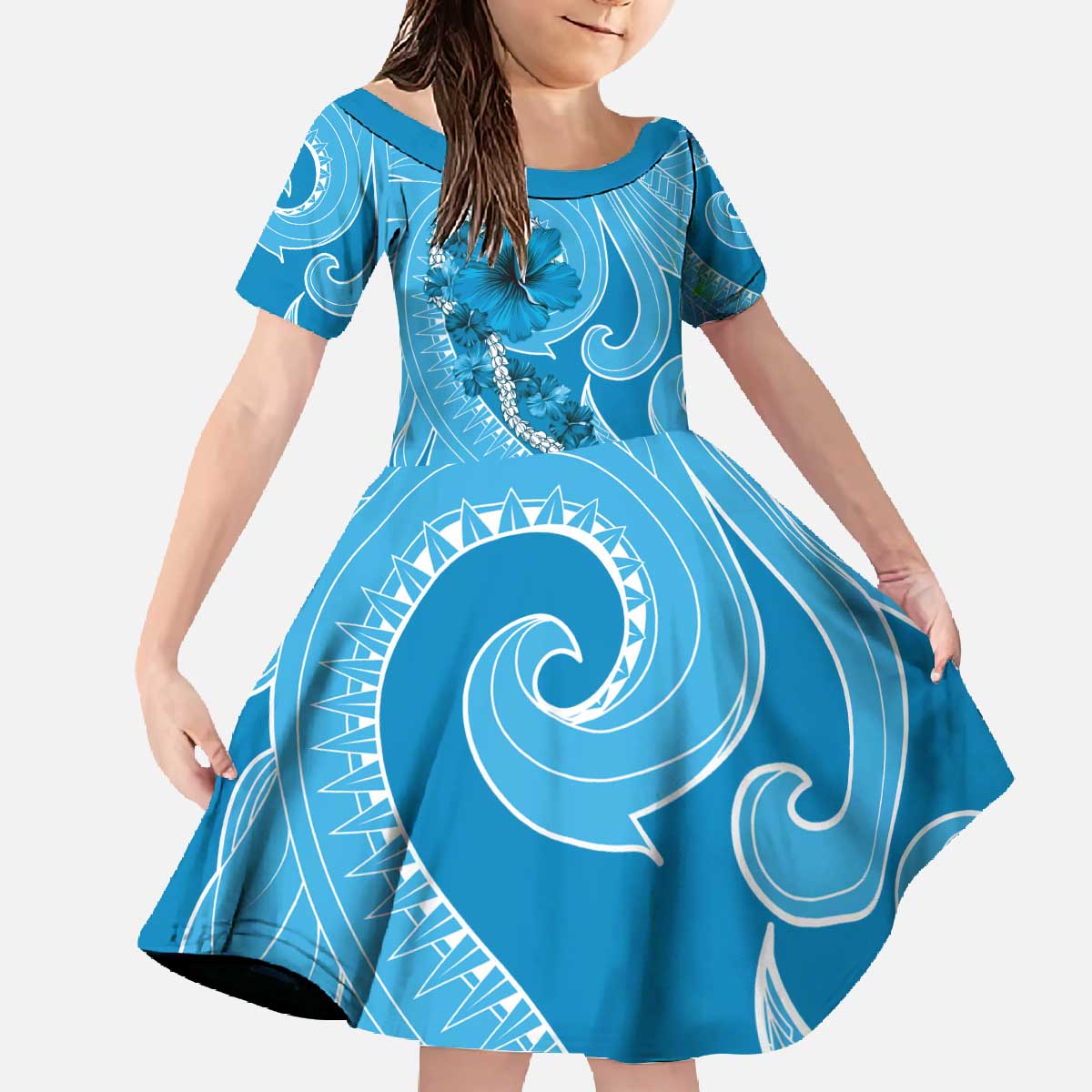 Hawaii Blue Hibiscus Pikake Lei Family Matching Off The Shoulder Long Sleeve Dress and Hawaiian Shirt LT05 Daughter's Dress Blue - Polynesian Pride