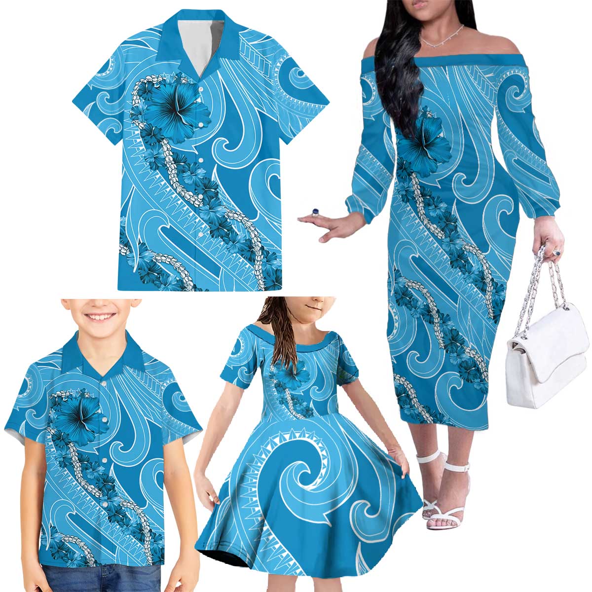 Hawaii Blue Hibiscus Pikake Lei Family Matching Off The Shoulder Long Sleeve Dress and Hawaiian Shirt LT05 - Polynesian Pride