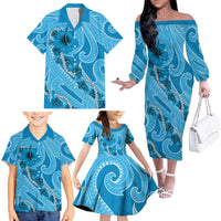 Hawaii Blue Hibiscus Pikake Lei Family Matching Off The Shoulder Long Sleeve Dress and Hawaiian Shirt LT05 - Polynesian Pride