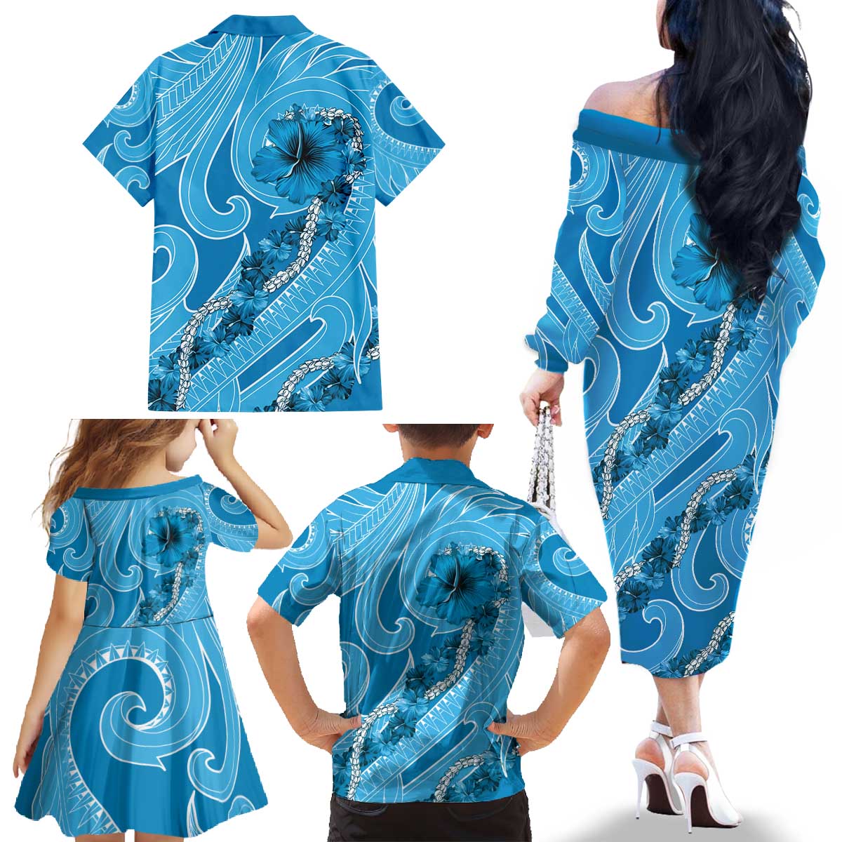 Hawaii Blue Hibiscus Pikake Lei Family Matching Off The Shoulder Long Sleeve Dress and Hawaiian Shirt LT05 - Polynesian Pride