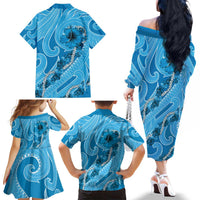 Hawaii Blue Hibiscus Pikake Lei Family Matching Off The Shoulder Long Sleeve Dress and Hawaiian Shirt LT05 - Polynesian Pride