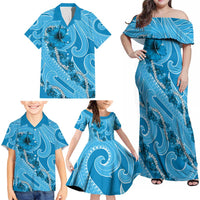 Hawaii Blue Hibiscus Pikake Lei Family Matching Off Shoulder Maxi Dress and Hawaiian Shirt LT05 - Polynesian Pride