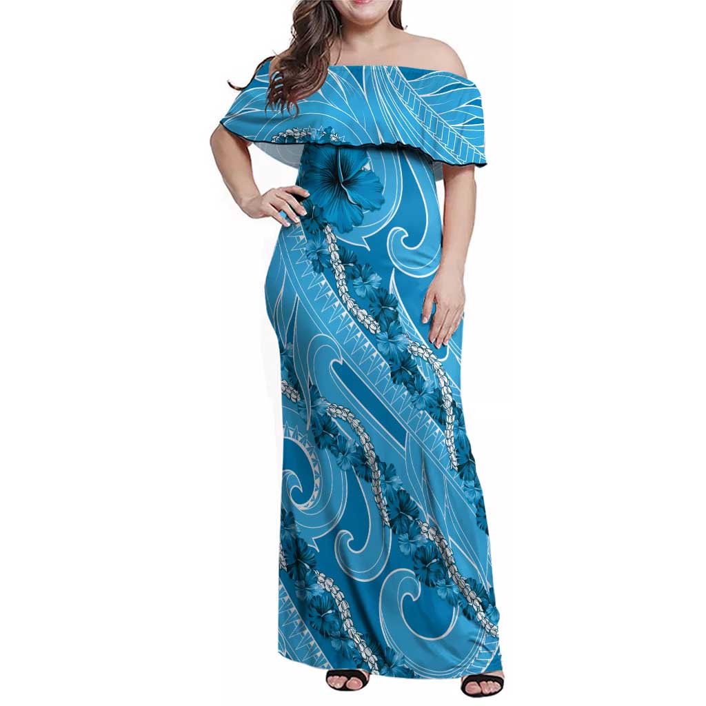Hawaii Blue Hibiscus Pikake Lei Family Matching Off Shoulder Maxi Dress and Hawaiian Shirt LT05 Mom's Dress Blue - Polynesian Pride