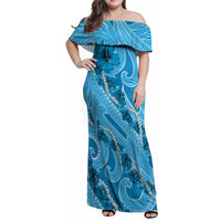 Hawaii Blue Hibiscus Pikake Lei Family Matching Off Shoulder Maxi Dress and Hawaiian Shirt LT05 Mom's Dress Blue - Polynesian Pride