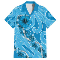 Hawaii Blue Hibiscus Pikake Lei Family Matching Puletasi and Hawaiian Shirt LT05 Dad's Shirt - Short Sleeve Blue - Polynesian Pride