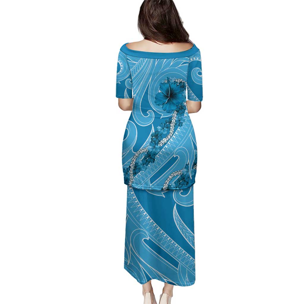 Hawaii Blue Hibiscus Pikake Lei Family Matching Puletasi and Hawaiian Shirt LT05 - Polynesian Pride
