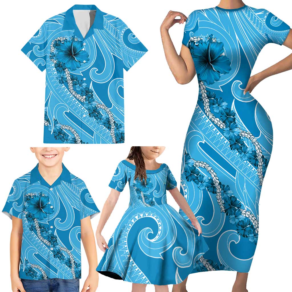 Hawaii Blue Hibiscus Pikake Lei Family Matching Short Sleeve Bodycon Dress and Hawaiian Shirt LT05 - Polynesian Pride