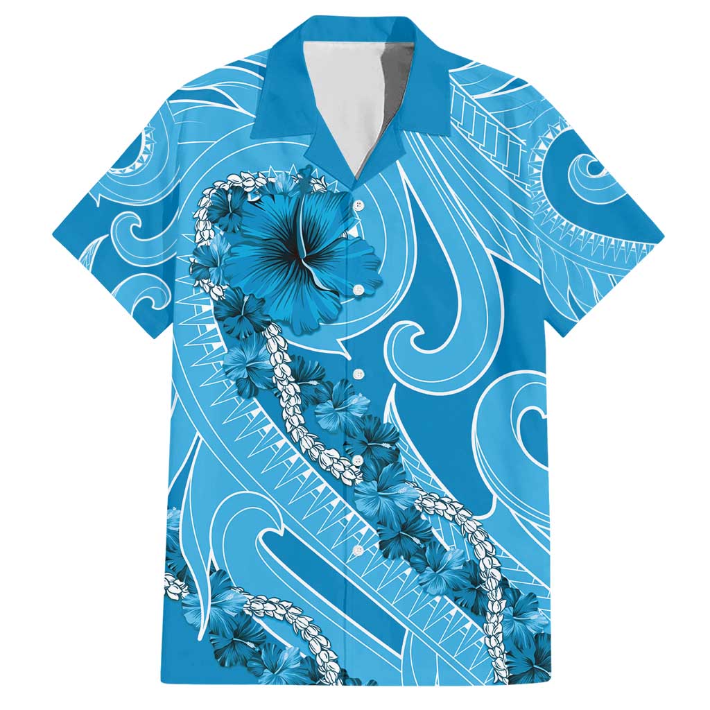 Hawaii Blue Hibiscus Pikake Lei Family Matching Short Sleeve Bodycon Dress and Hawaiian Shirt LT05 Dad's Shirt - Short Sleeve Blue - Polynesian Pride