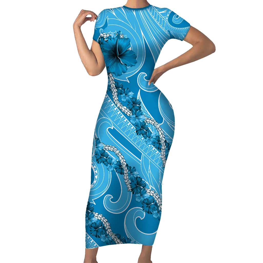 Hawaii Blue Hibiscus Pikake Lei Family Matching Short Sleeve Bodycon Dress and Hawaiian Shirt LT05 Mom's Dress Blue - Polynesian Pride