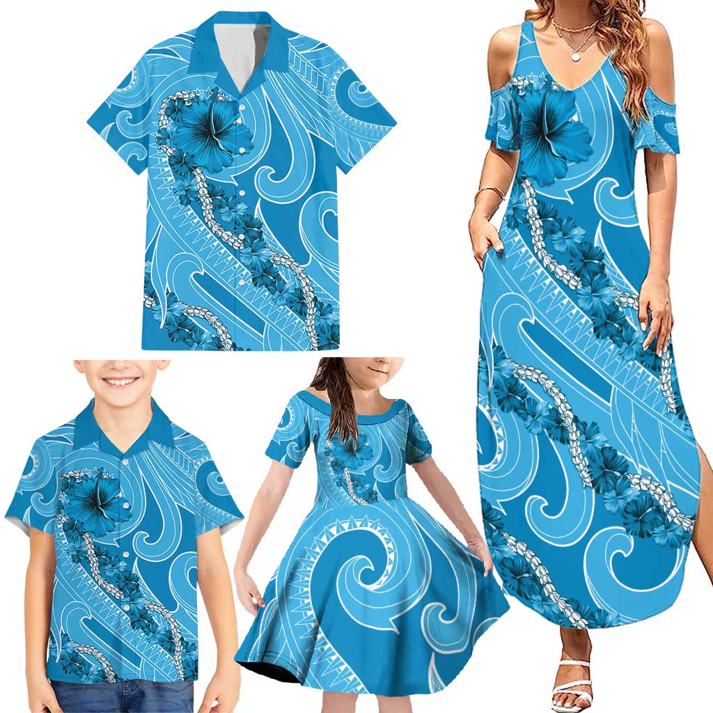 Hawaii Blue Hibiscus Pikake Lei Family Matching Summer Maxi Dress and Hawaiian Shirt LT05 - Polynesian Pride