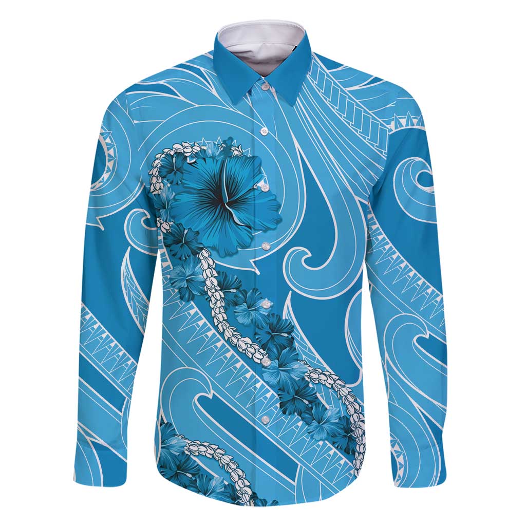 Hawaii Blue Hibiscus Pikake Lei Family Matching Summer Maxi Dress and Hawaiian Shirt LT05 Dad's Shirt - Long Sleeve Blue - Polynesian Pride