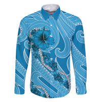 Hawaii Blue Hibiscus Pikake Lei Family Matching Summer Maxi Dress and Hawaiian Shirt LT05 Dad's Shirt - Long Sleeve Blue - Polynesian Pride