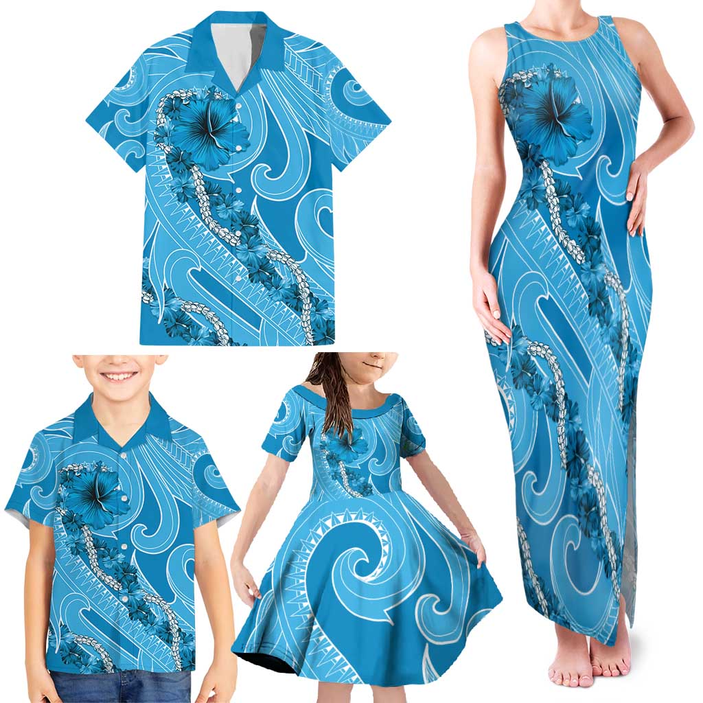 Hawaii Blue Hibiscus Pikake Lei Family Matching Tank Maxi Dress and Hawaiian Shirt LT05 - Polynesian Pride