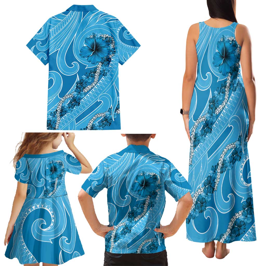 Hawaii Blue Hibiscus Pikake Lei Family Matching Tank Maxi Dress and Hawaiian Shirt LT05 - Polynesian Pride