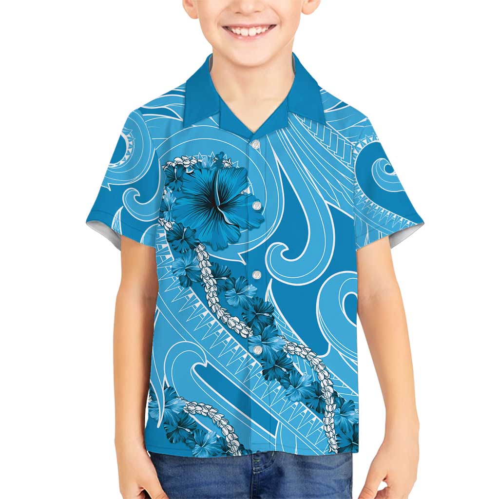 Hawaii Blue Hibiscus Pikake Lei Family Matching Tank Maxi Dress and Hawaiian Shirt LT05 Son's Shirt Blue - Polynesian Pride