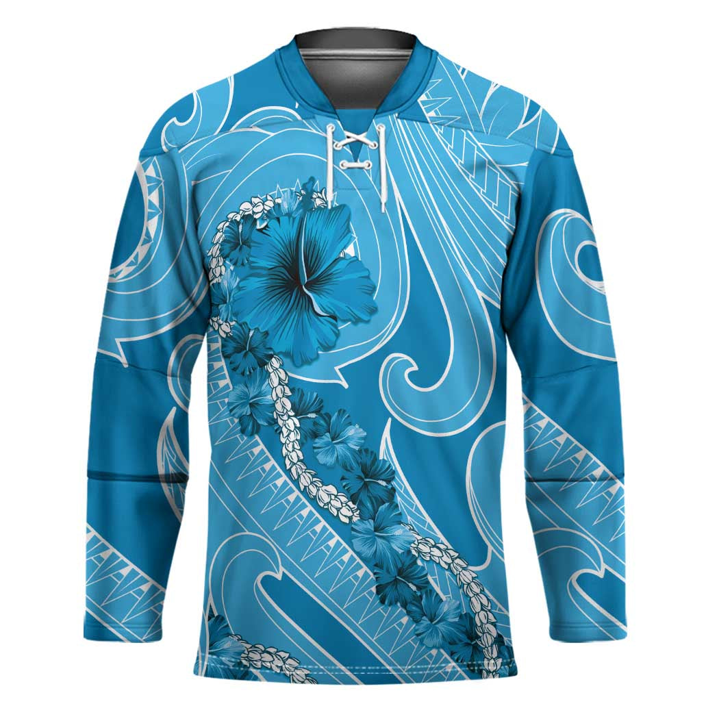 Hawaii Blue Hibiscus Pikake Lei Hockey Jersey - Polynesian Pride