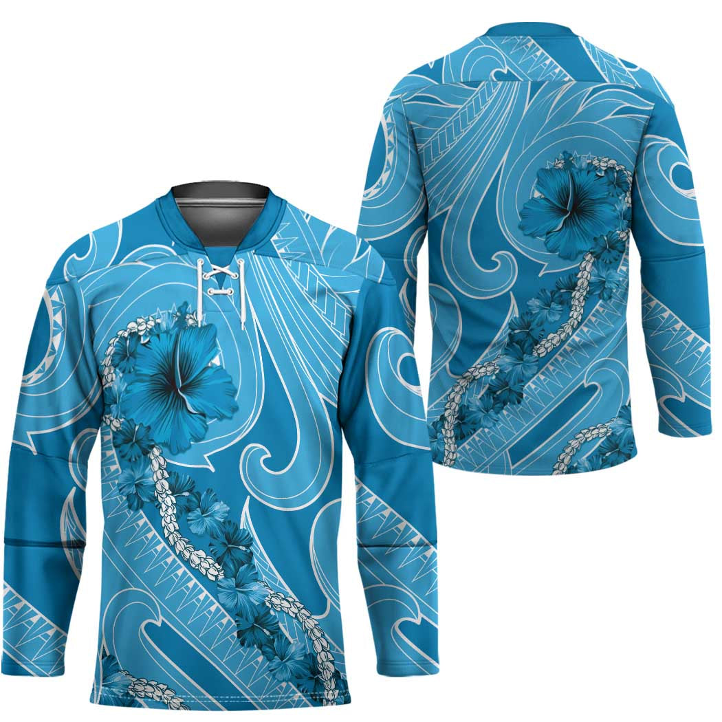 Hawaii Blue Hibiscus Pikake Lei Hockey Jersey - Polynesian Pride