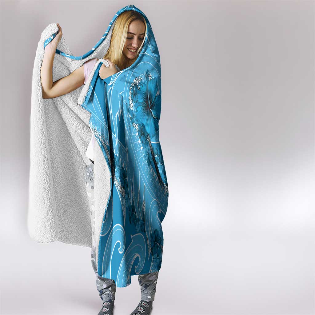 Hawaii Blue Hibiscus Pikake Lei Hooded Blanket - Polynesian Pride