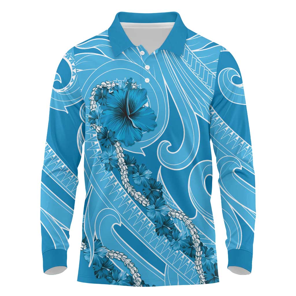 Hawaii Blue Hibiscus Pikake Lei Long Sleeve Polo Shirt LT05 Blue - Polynesian Pride