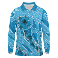 Hawaii Blue Hibiscus Pikake Lei Long Sleeve Polo Shirt LT05 Blue - Polynesian Pride