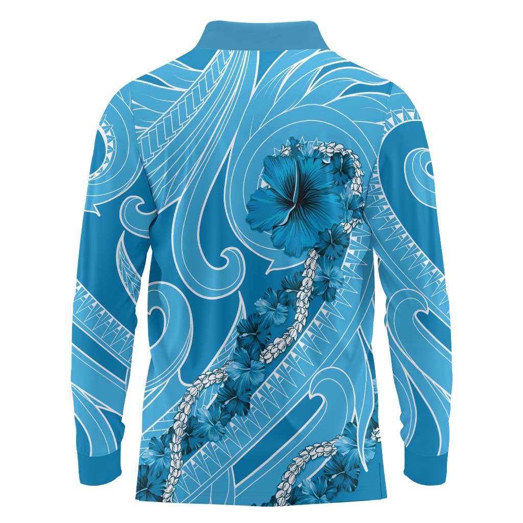 Hawaii Blue Hibiscus Pikake Lei Long Sleeve Polo Shirt LT05 - Polynesian Pride