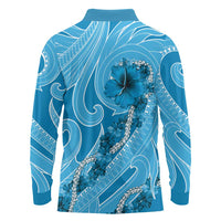 Hawaii Blue Hibiscus Pikake Lei Long Sleeve Polo Shirt LT05 - Polynesian Pride