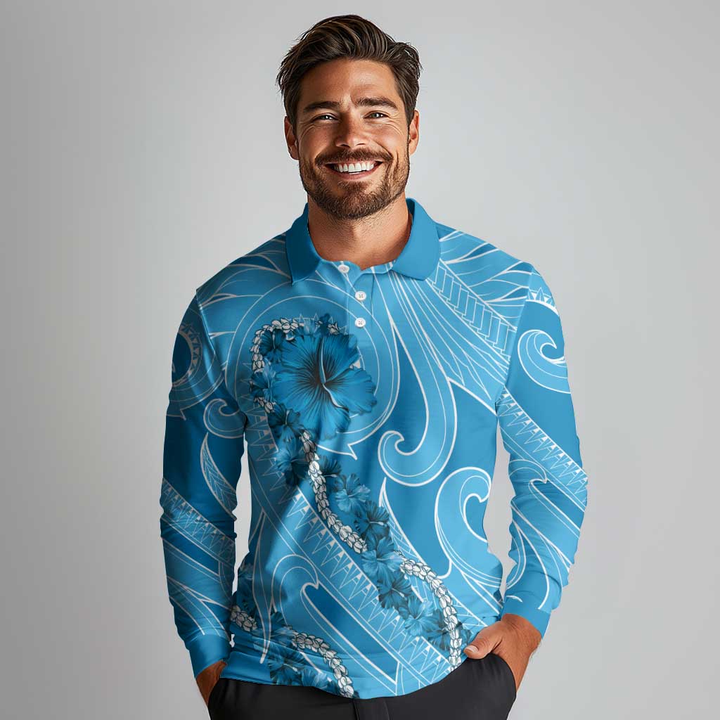 Hawaii Blue Hibiscus Pikake Lei Long Sleeve Polo Shirt LT05 - Polynesian Pride