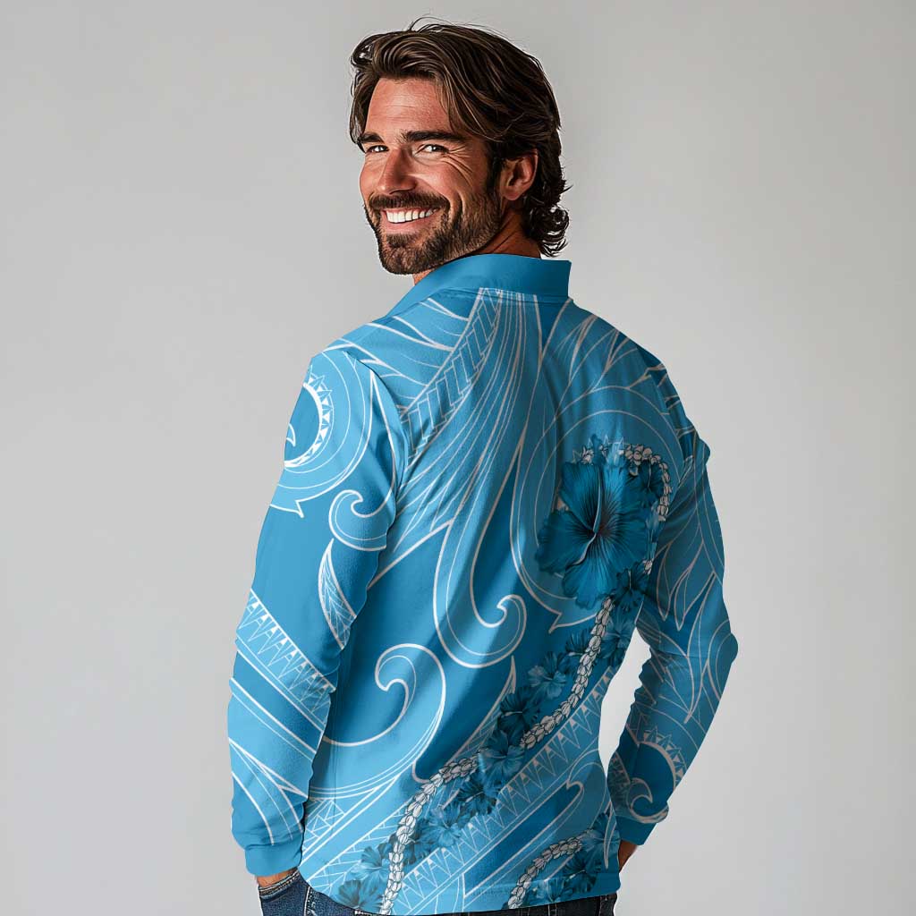 Hawaii Blue Hibiscus Pikake Lei Long Sleeve Polo Shirt LT05 - Polynesian Pride