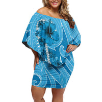 Hawaii Blue Hibiscus Pikake Lei Off Shoulder Short Dress LT05 Women Blue - Polynesian Pride