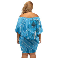 Hawaii Blue Hibiscus Pikake Lei Off Shoulder Short Dress LT05 - Polynesian Pride