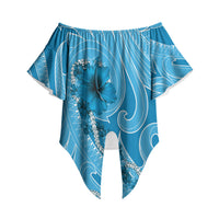 Hawaii Blue Hibiscus Pikake Lei Off Shoulder Wrap Waist Top LT05 Blue - Polynesian Pride