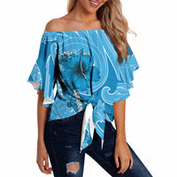 Hawaii Blue Hibiscus Pikake Lei Off Shoulder Wrap Waist Top LT05 - Polynesian Pride