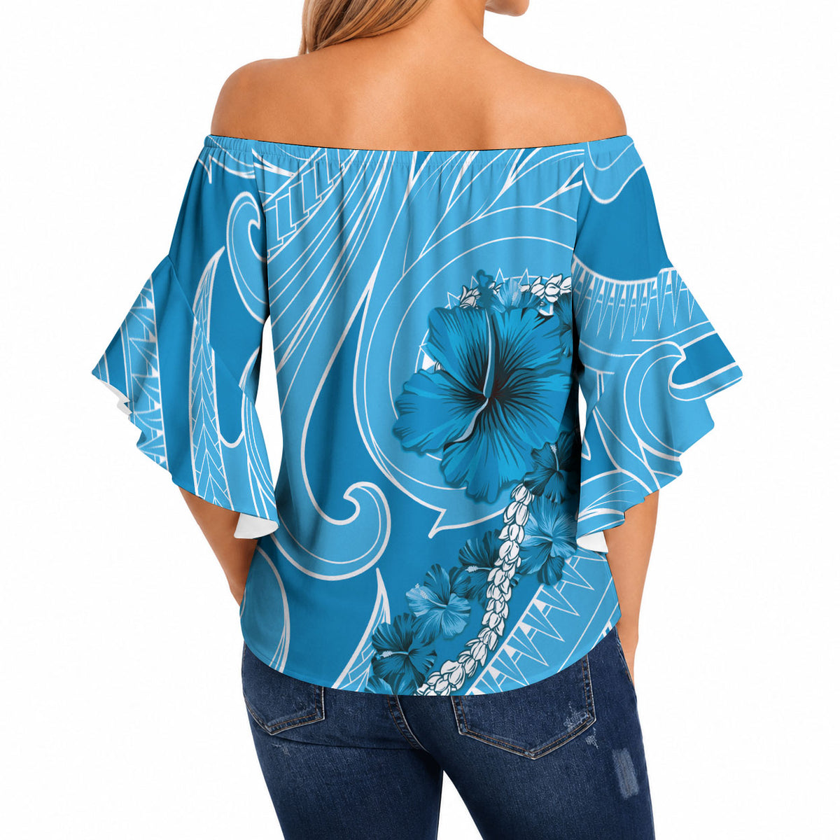 Hawaii Blue Hibiscus Pikake Lei Off Shoulder Wrap Waist Top LT05 - Polynesian Pride
