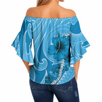 Hawaii Blue Hibiscus Pikake Lei Off Shoulder Wrap Waist Top LT05 - Polynesian Pride