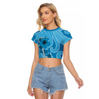 Hawaii Blue Hibiscus Pikake Lei Raglan Cropped T Shirt LT05 Female Blue - Polynesian Pride
