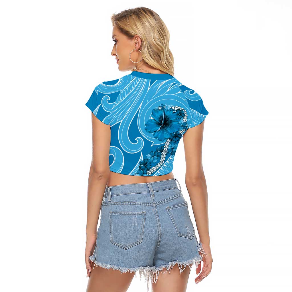 Hawaii Blue Hibiscus Pikake Lei Raglan Cropped T Shirt LT05 - Polynesian Pride
