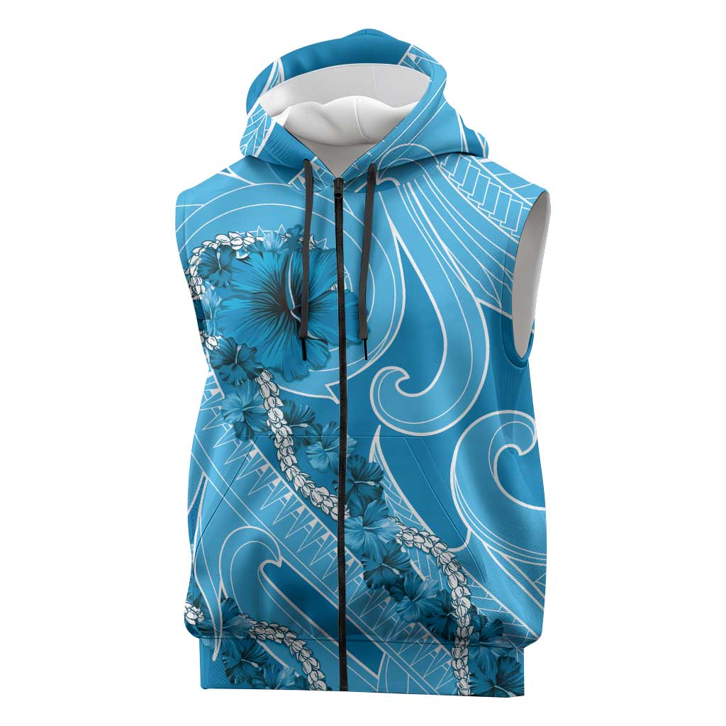 Hawaii Blue Hibiscus Pikake Lei Sleeveless Zip Hoodie LT05 Blue - Polynesian Pride